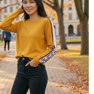 GUESS Logo Sweater Crewneck Racer Stripe Sleeve Knit Logo Gold - Small